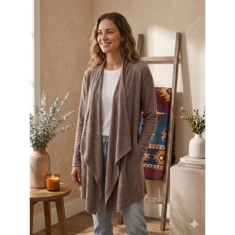 Barefoot Dreams CozyChic Lite Calypso Wrap Cardigan L XL Brown Waterfall